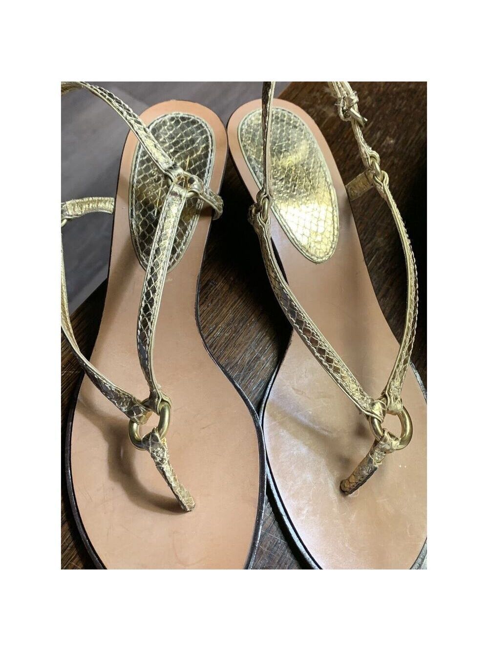 Coach Leather Adrienne T Strap Sandal Gold Metallic Size 9.5 Snakeskin Design